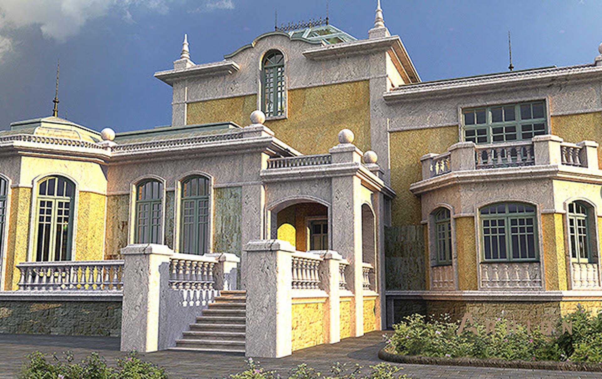 6. Проект двухэтажного дома в дворцовом стиле с многоскатной кровлей, SOV-7, площадью - 1141 кв c цокольным этажом, терассой, балконом, эркером